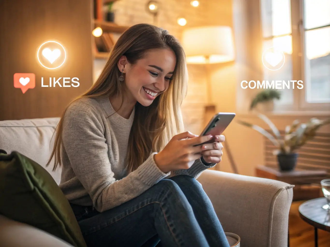 An influencer engaging with followers on social media, with analytics overlay, representing Beellions AI's Influencer Marketing & Reputation Management.