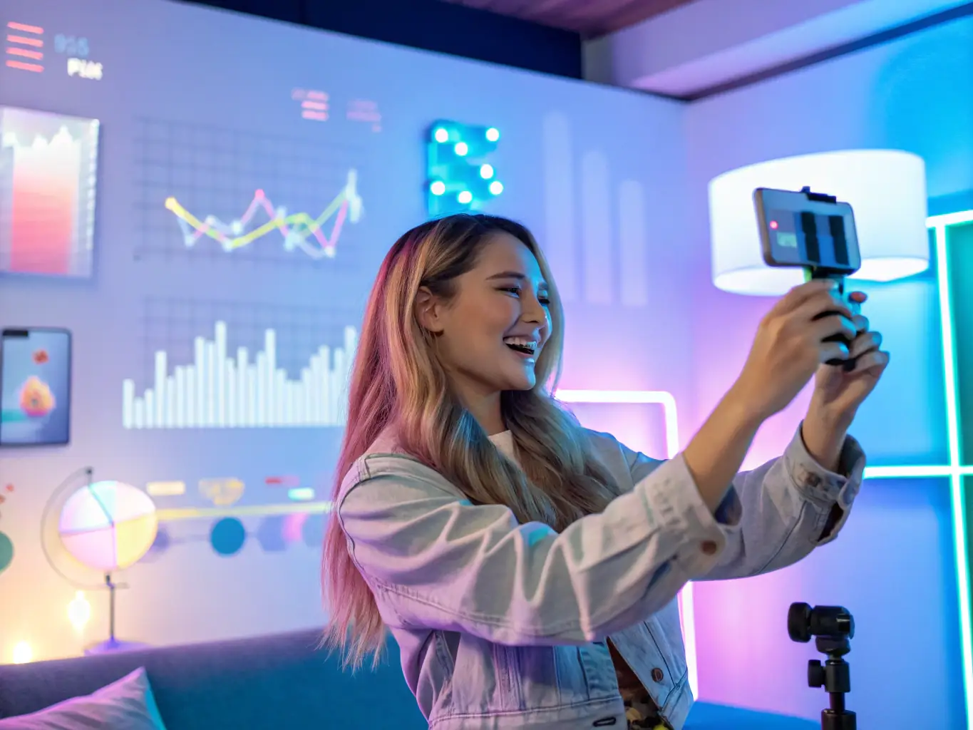 An influencer creating content on social media, interacting with followers, with AI analytics displayed in the background.
