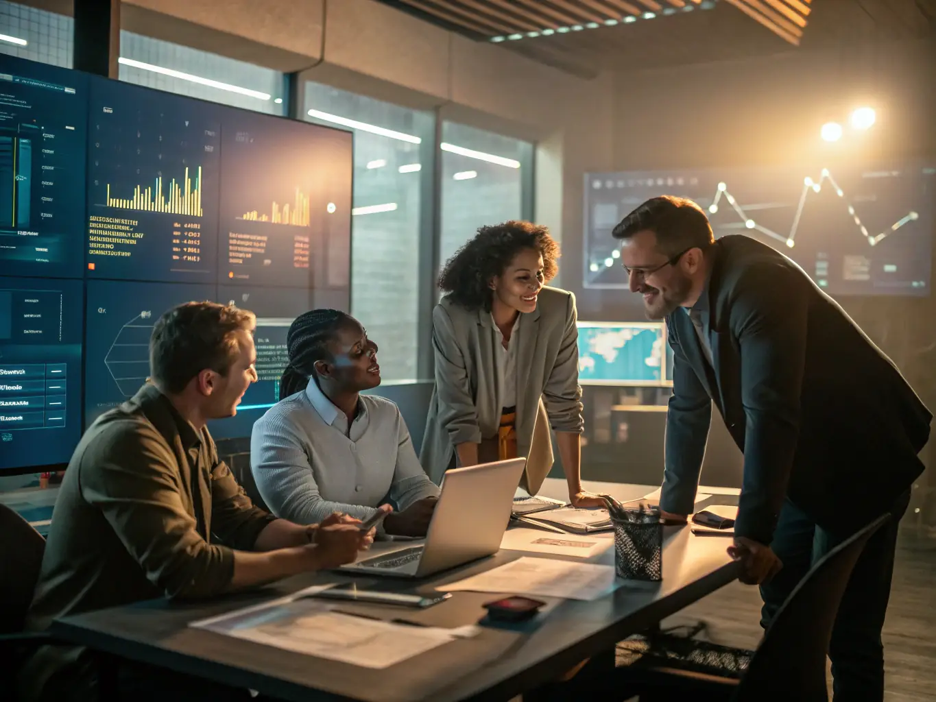 A dynamic team collaborating on a digital marketing strategy, reviewing analytics dashboards and brainstorming ideas in a modern office setting.