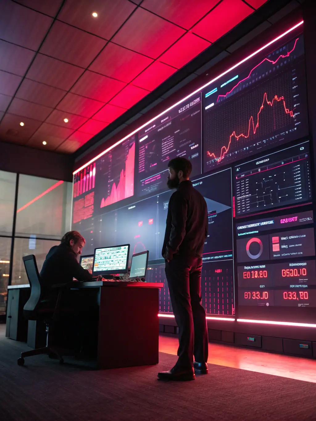 A futuristic image of AI-powered reports generating insights on a large screen, symbolizing Beellions' advanced AI capabilities.