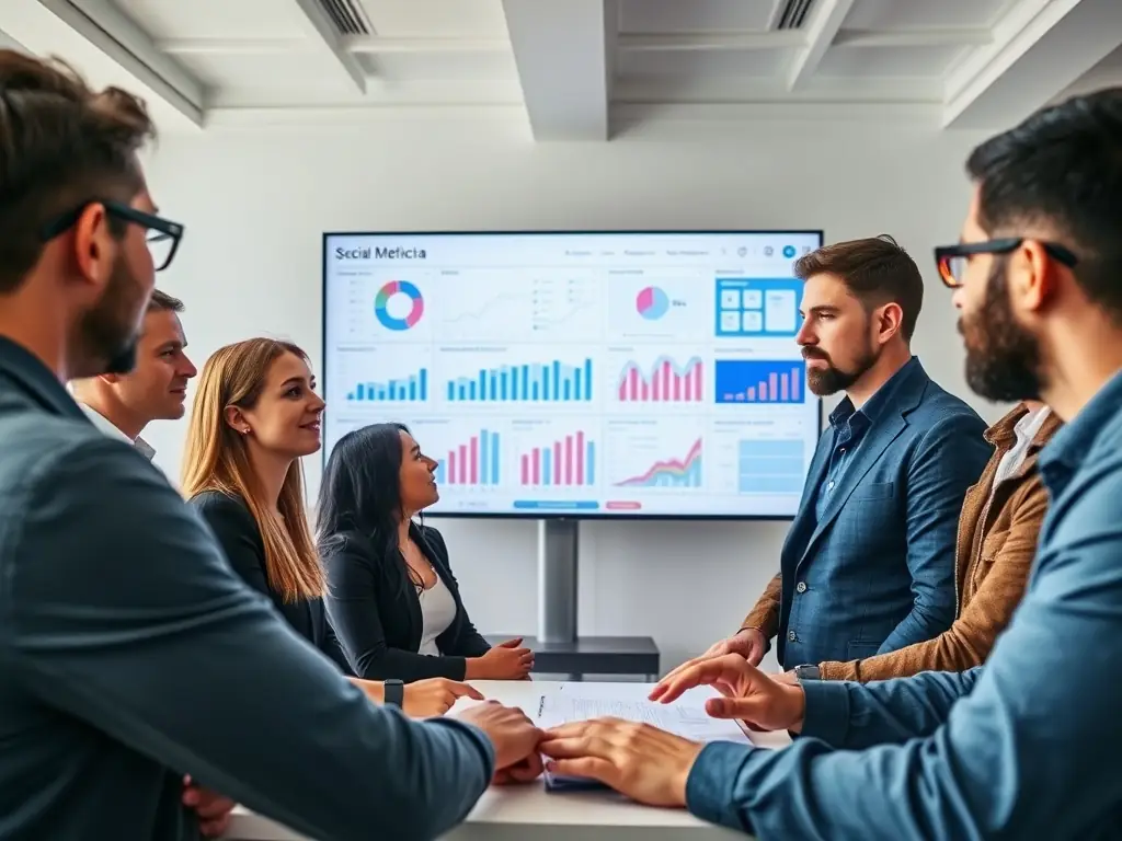 A professional team collaborating on a digital marketing strategy, analyzing data and optimizing campaigns for a global fashion brand.