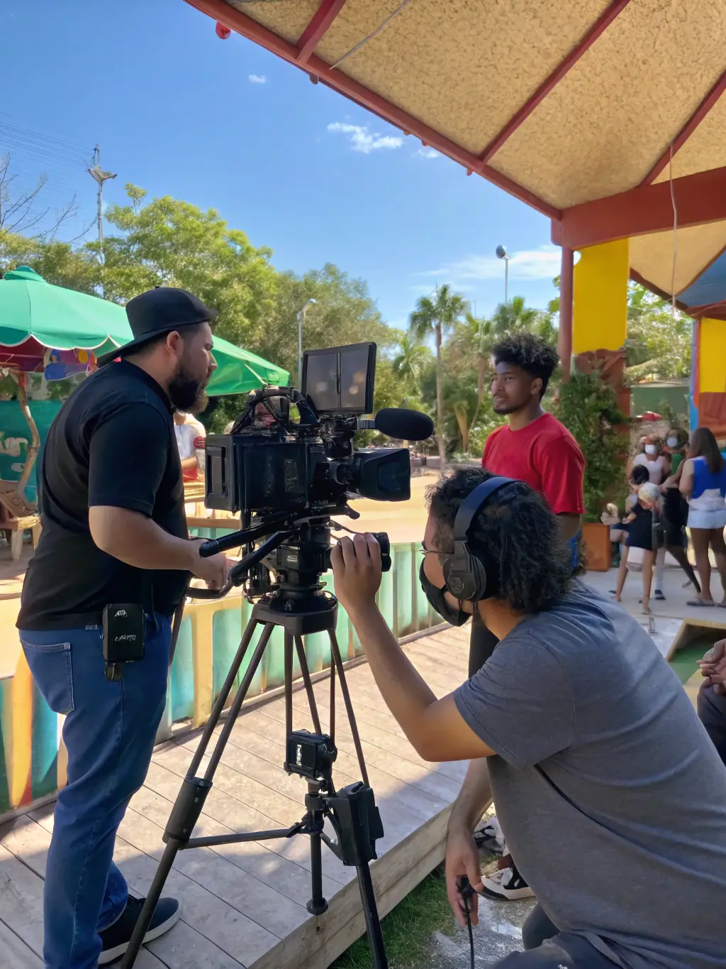 A professional image of a film crew on location, capturing high-quality video content, representing Beellions' production capabilities.