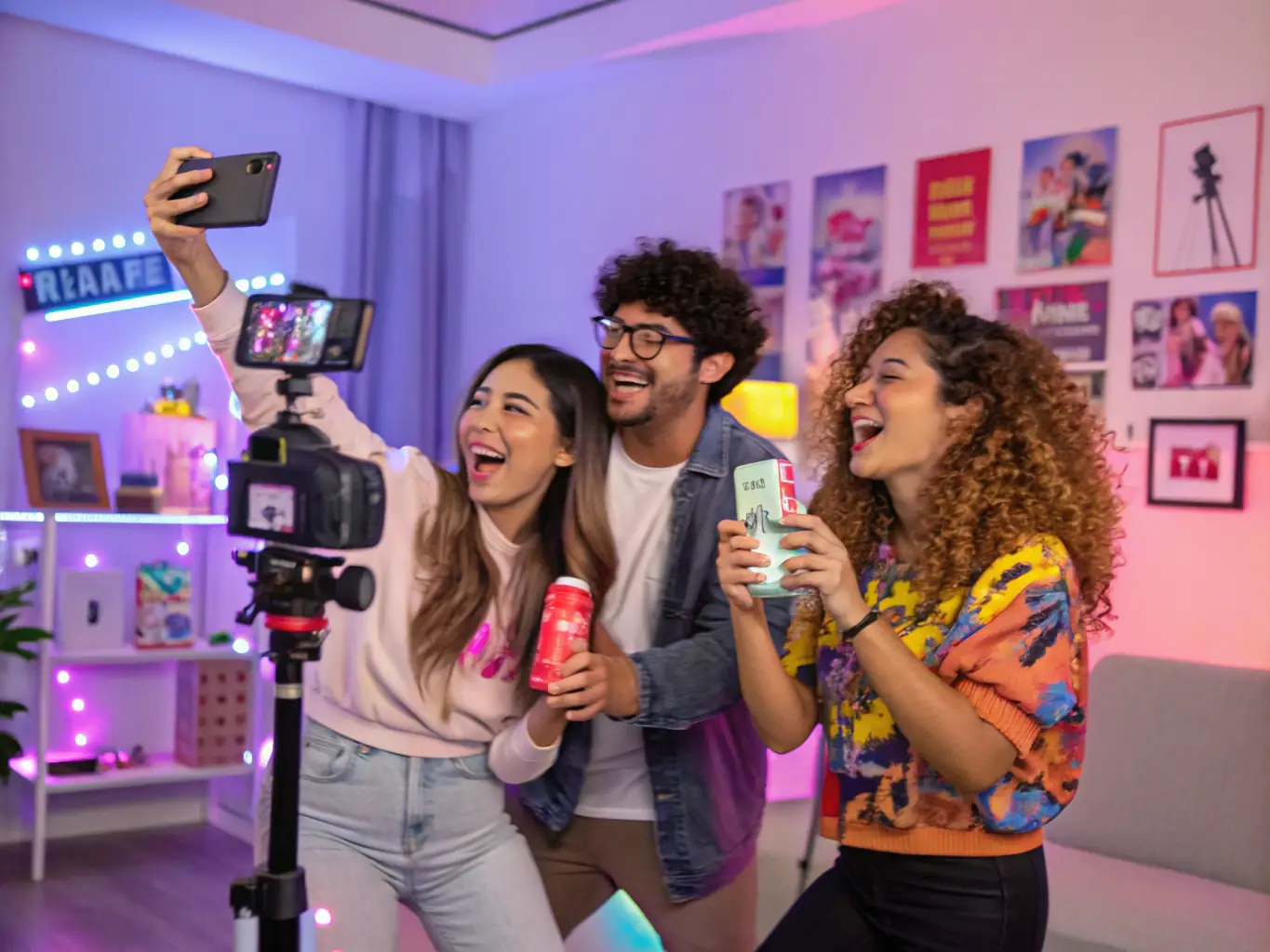 A group of influencers creating content for a tech startup, showcasing the product's features and benefits to their followers.