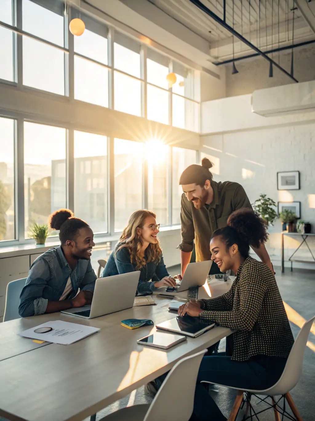 A vibrant image showcasing a diverse team brainstorming creative marketing ideas in a modern office setting, reflecting Beellions' creativity and collaborative spirit.